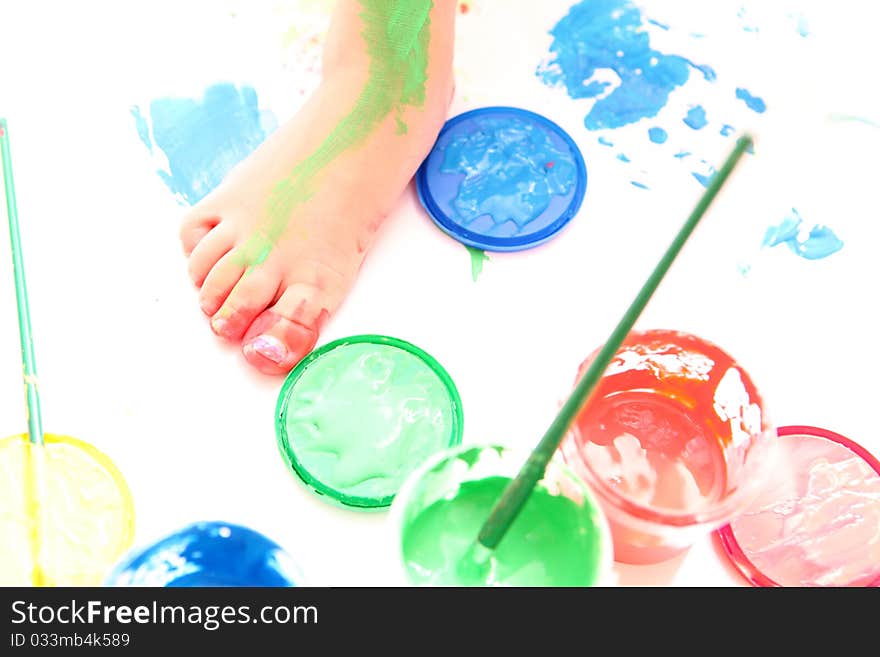 Little girl paint isolated on white background