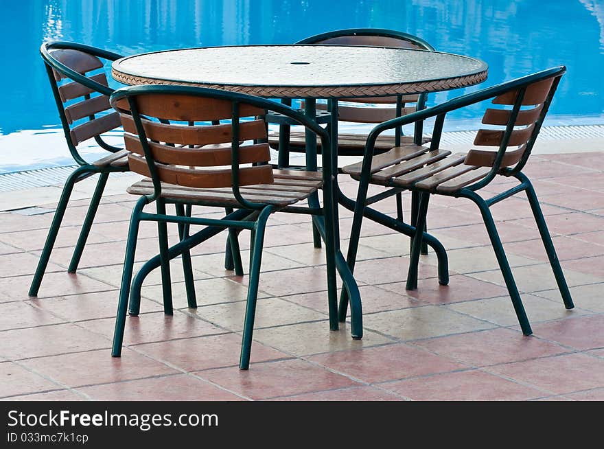 Steel handrails and stairs in the swimming pool. Steel handrails and stairs in the swimming pool