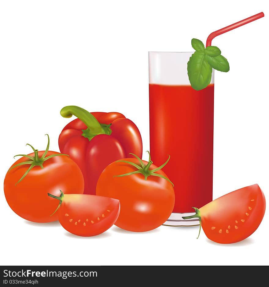 A glass of tomato juice, some tomatoes and basil. Vector