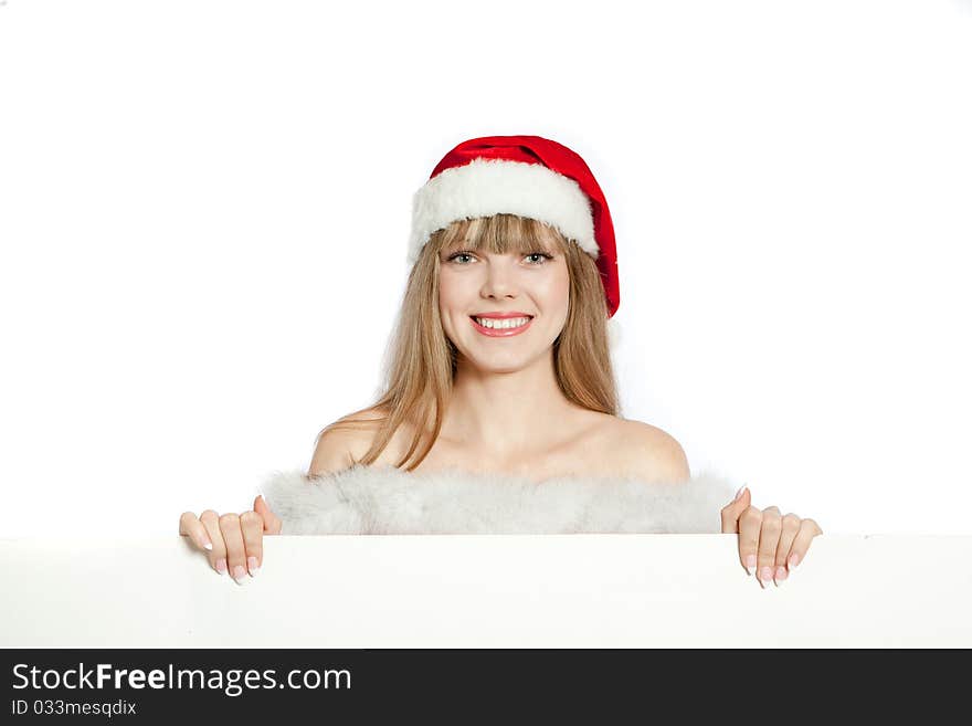 Young christmas woman holding present white background. Young christmas woman holding present white background