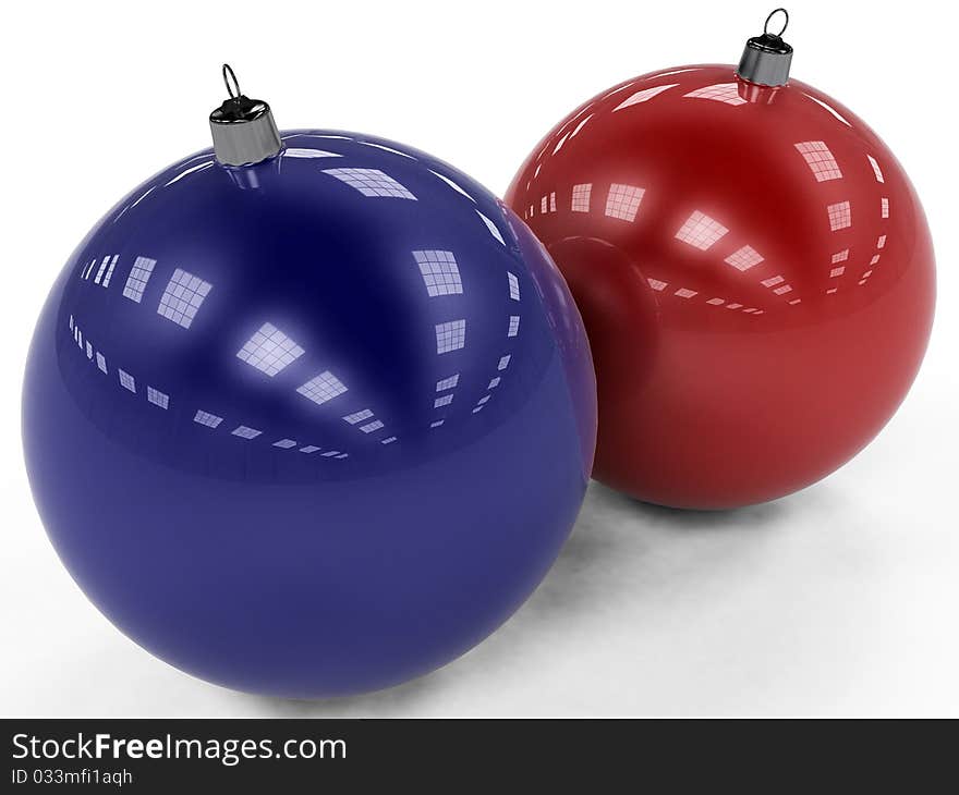 Red and blue Christmas toys in the form of beads on a white background