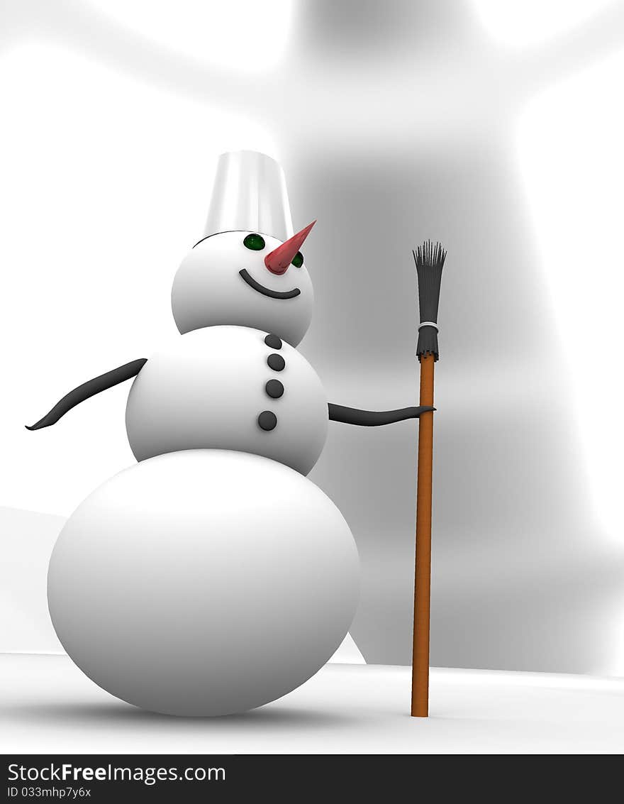 White snowman with broom on white background