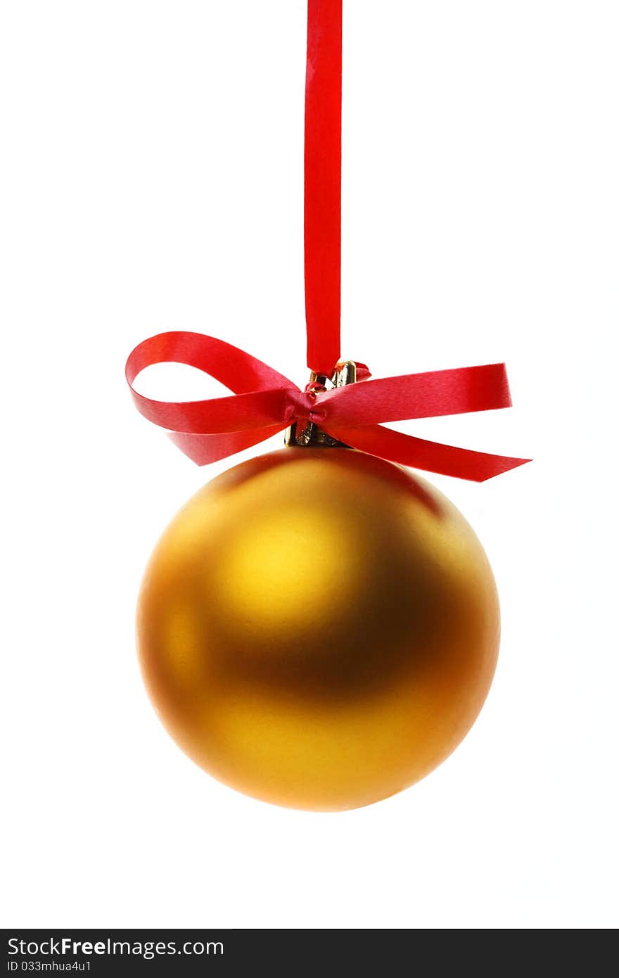 Christmas balls hanging with ribbons on white background