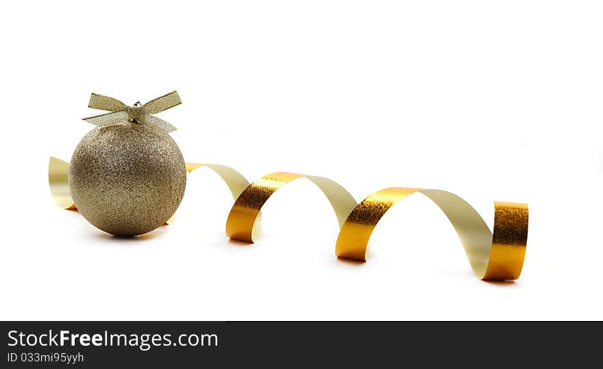 Christmas golden balls hanging with ribbons on white background