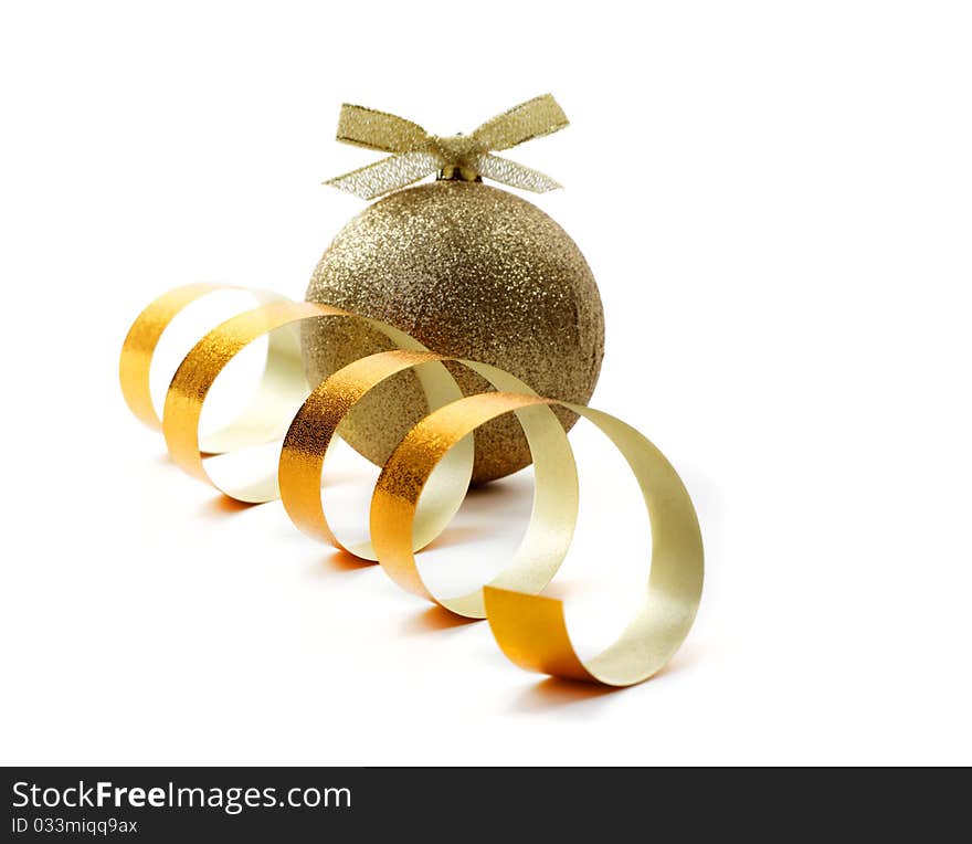 Christmas golden balls hanging with ribbons on white background