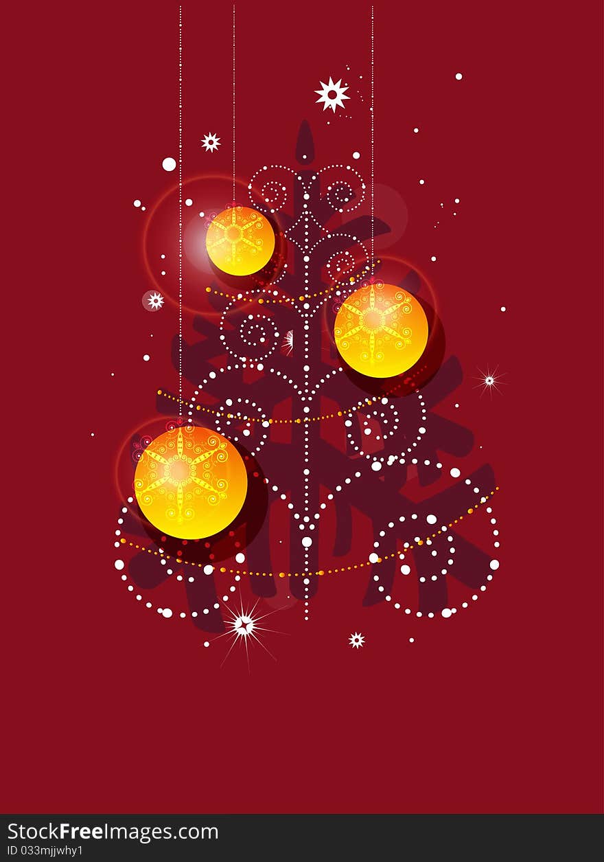 Abstract Christmas tree with orange balls on a red background. Garlands as busen. Abstract Christmas tree with orange balls on a red background. Garlands as busen.