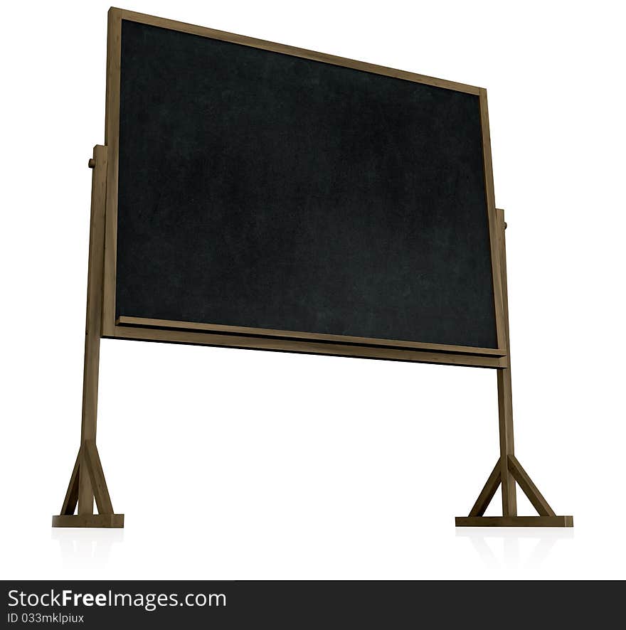 An old fashioned looking blackboard (chalkboard) on an angle isolated on white with slight reflection. Created in Cinema4D. An old fashioned looking blackboard (chalkboard) on an angle isolated on white with slight reflection. Created in Cinema4D