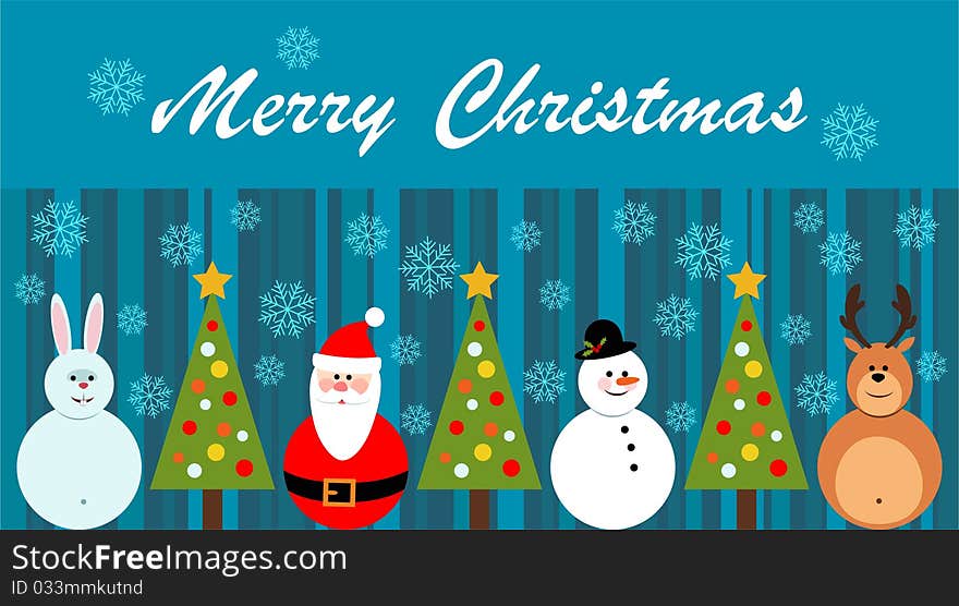 Christmas card with Santa Claus, snowman, rabbit and deer