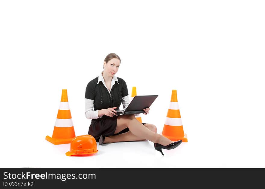 A business woman With cones over white background. A business woman With cones over white background