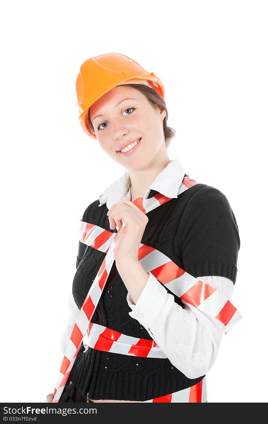 A business woman With cones over white background. A business woman With cones over white background