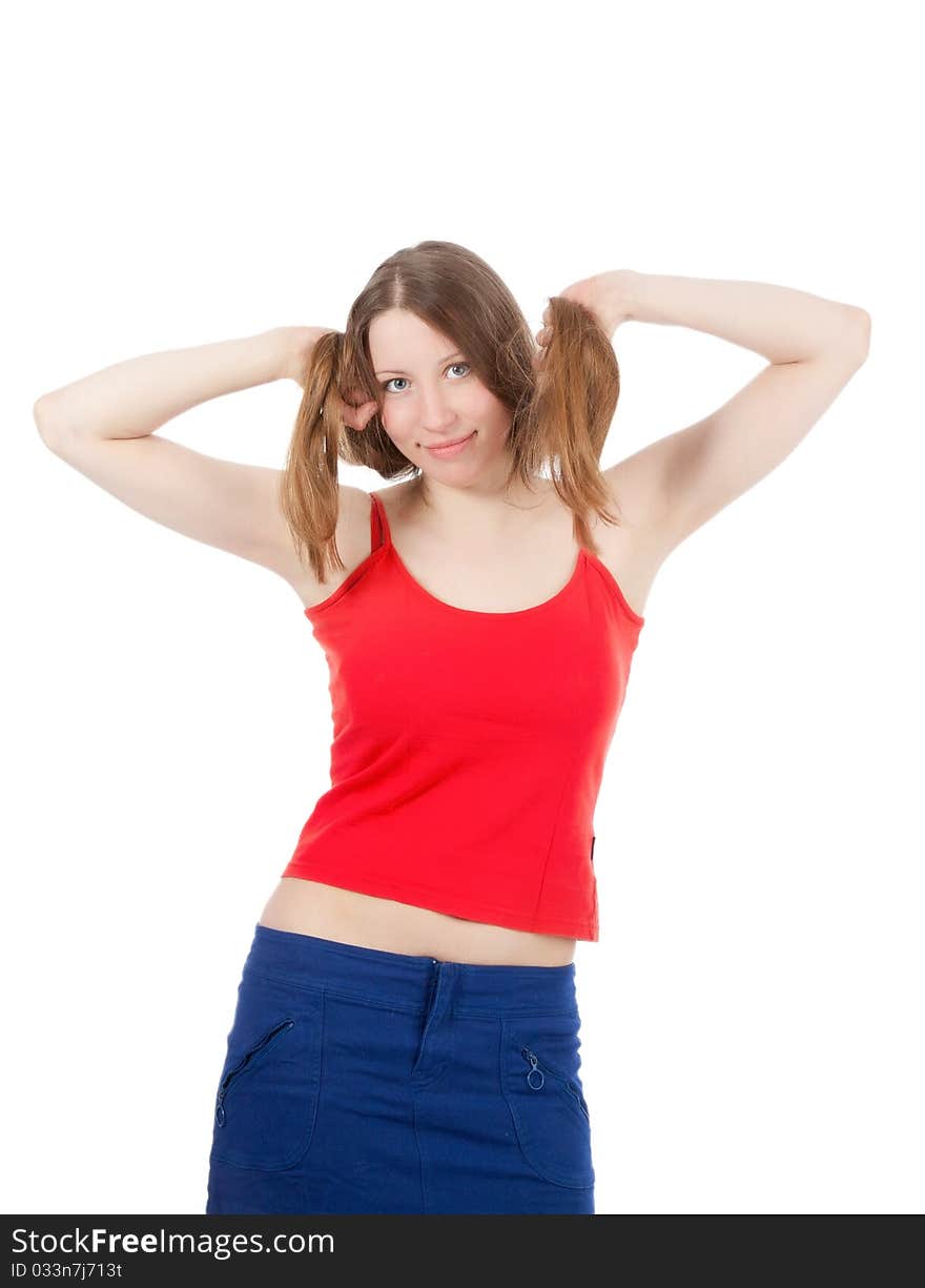 Woman legs in strip sock on white background