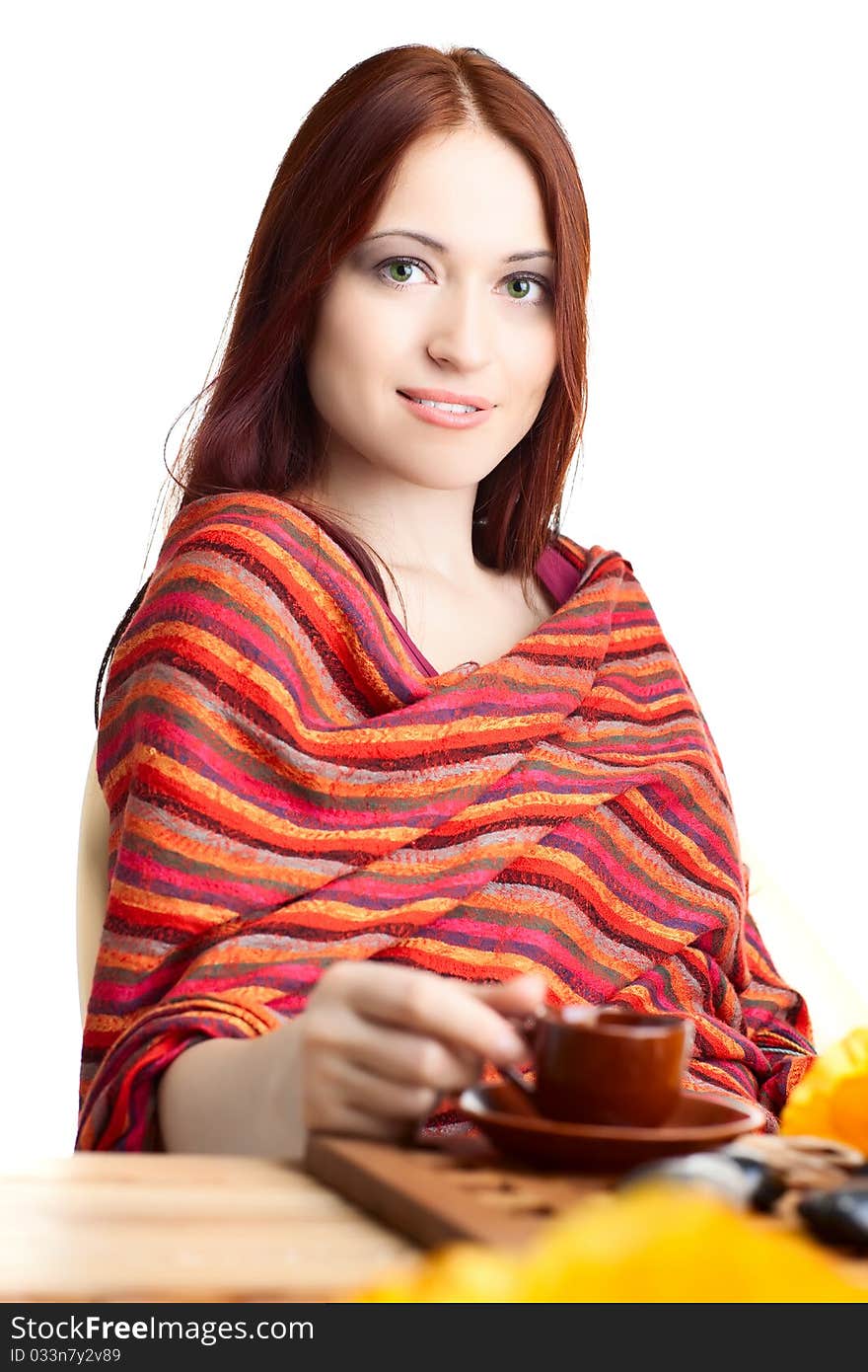 Beautiful woman in cafe over white background with fair hair. Beautiful woman in cafe over white background with fair hair