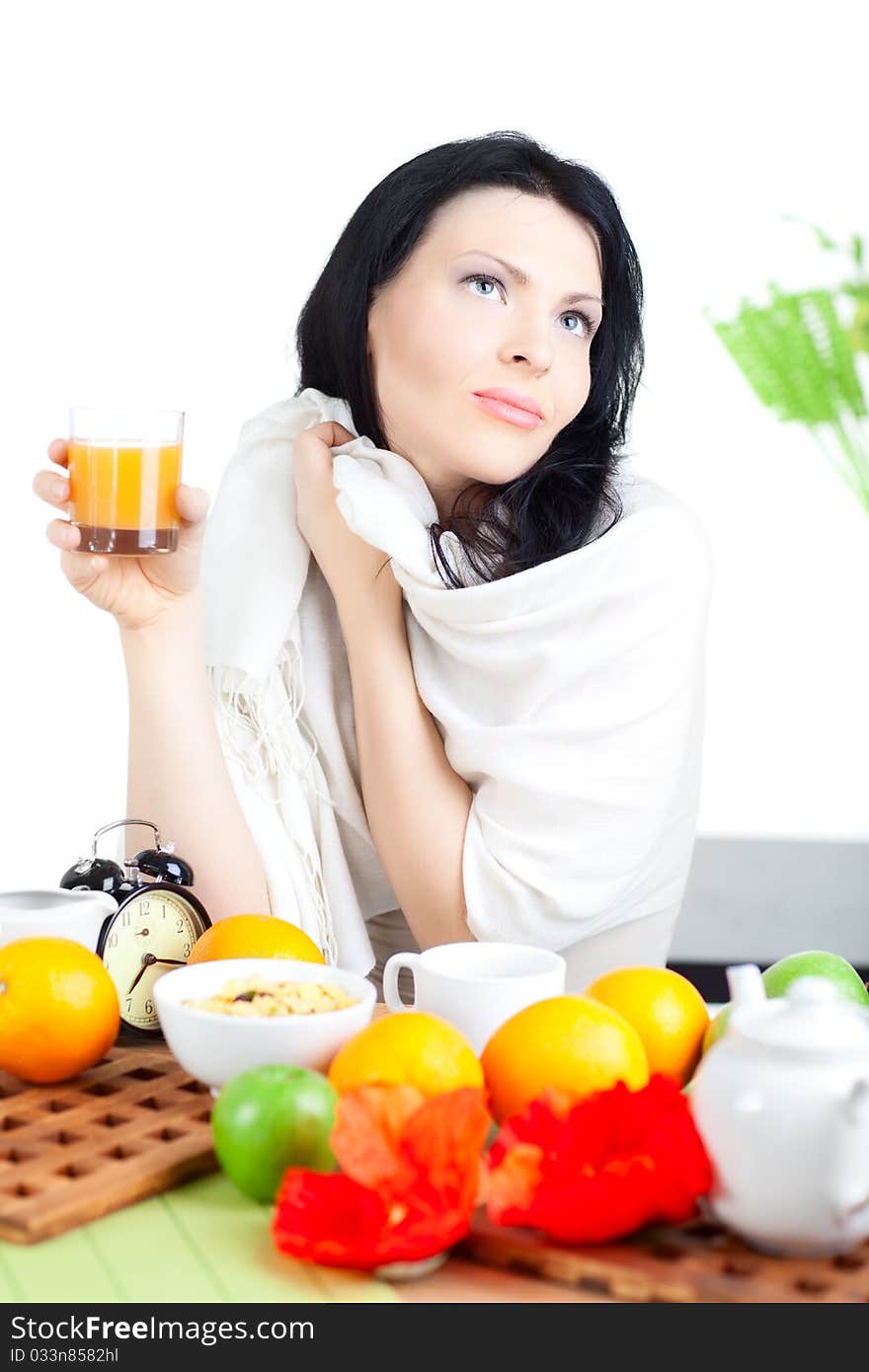 Beautiful woman  in cafe over white background