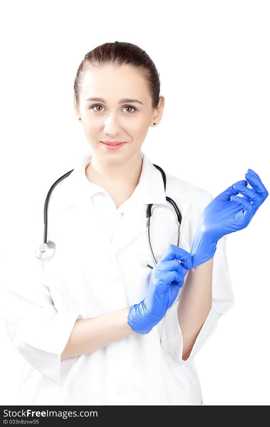 Woman doctor with blond hair in white. Woman doctor with blond hair in white