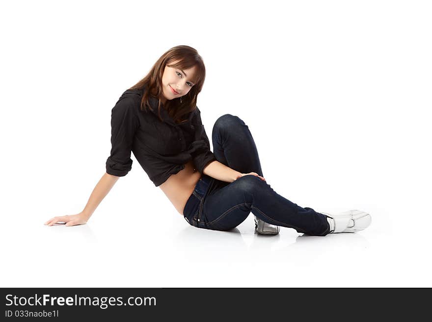 Casual girl standing up over a white background. Casual girl standing up over a white background