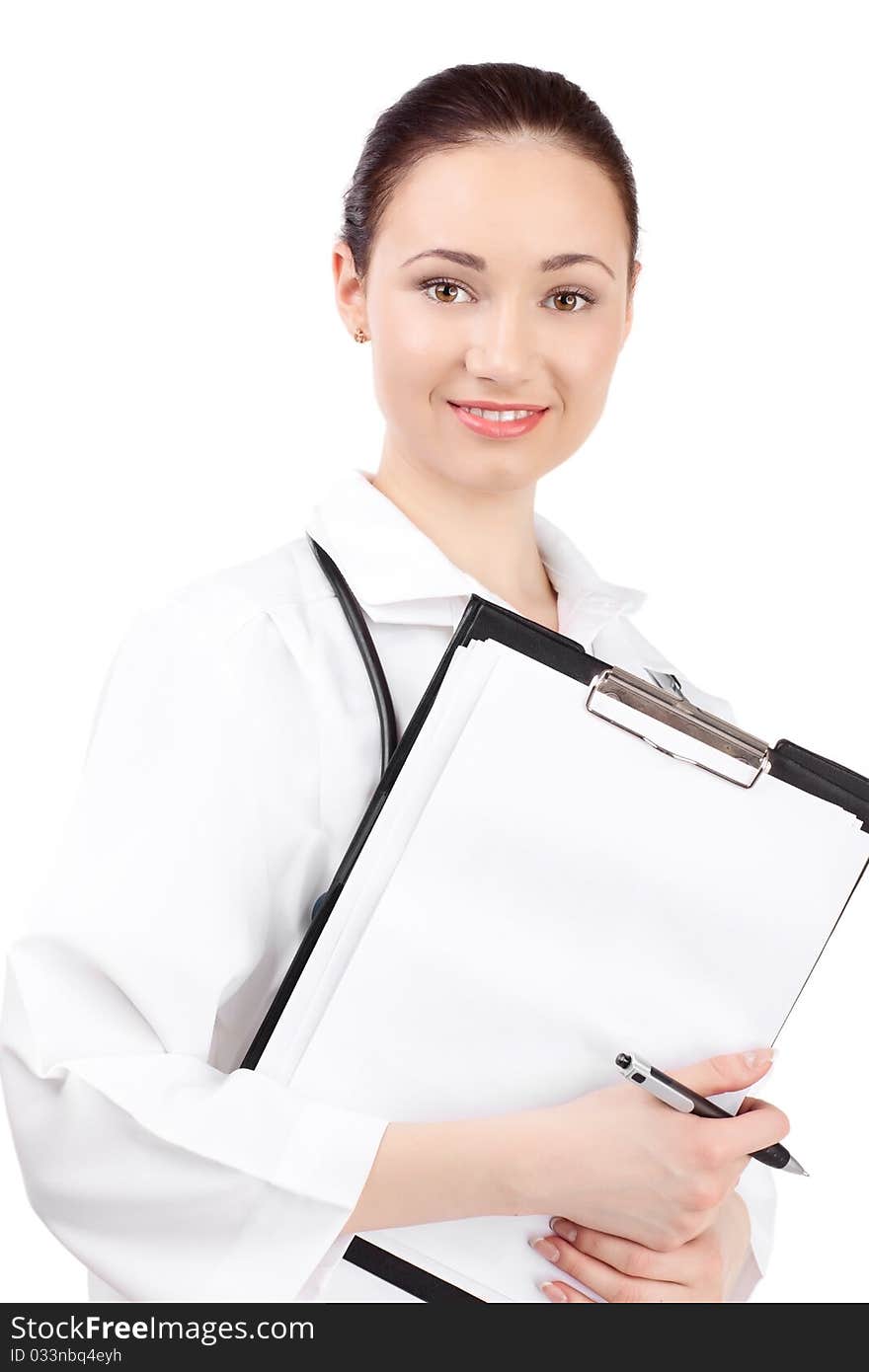 Woman doctor in uniform stay over white background