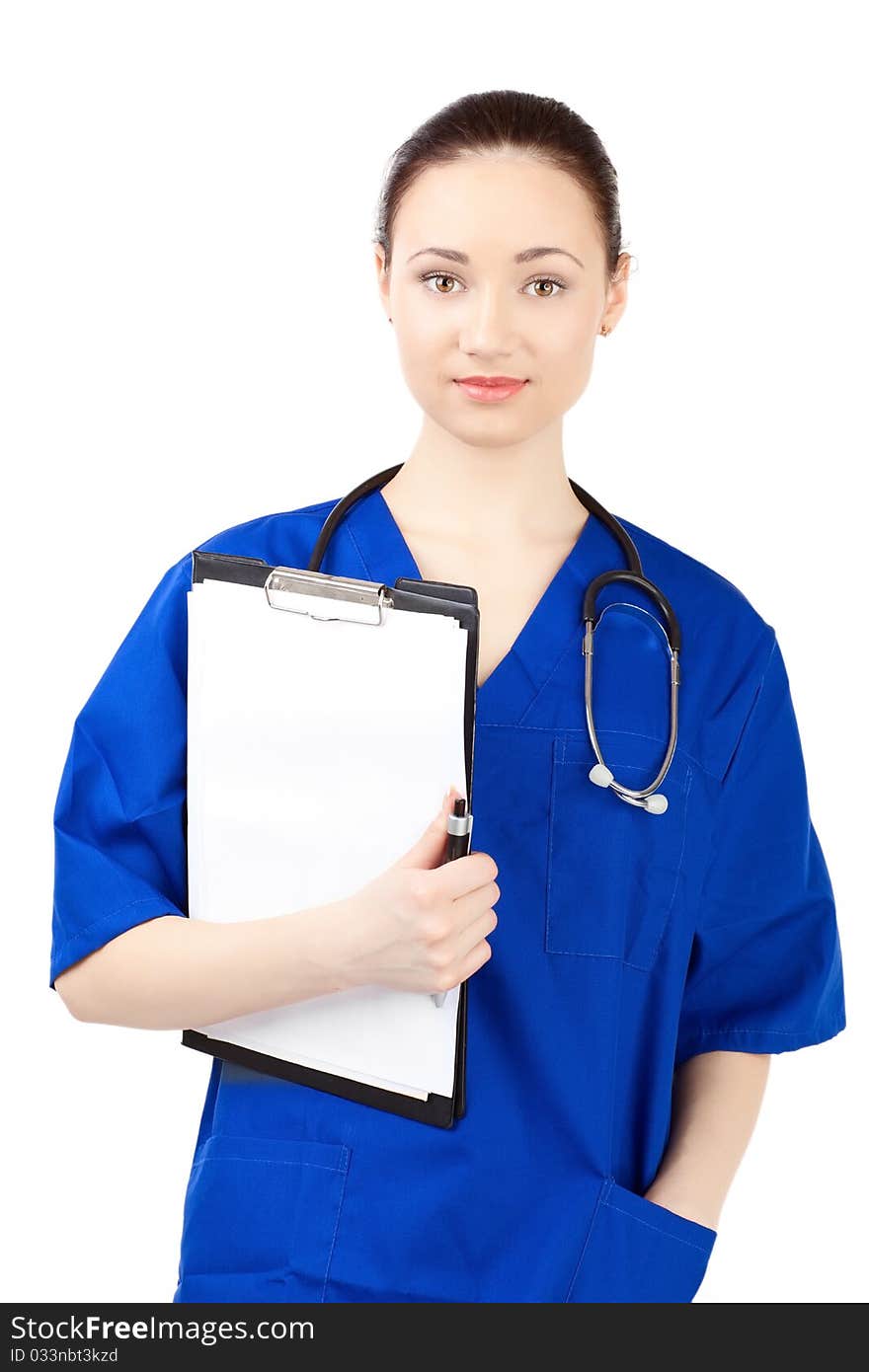 Woman doctor in uniform stay over white background