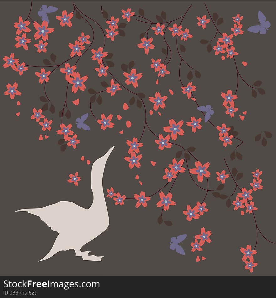 Beautiful flowers and a swan - abstract background. Beautiful flowers and a swan - abstract background