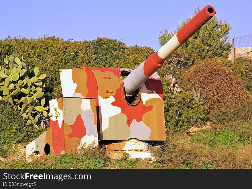 Old camouflage cannon in the frontier line