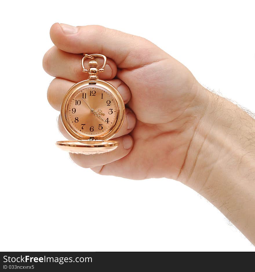 Golden Pocket Watch In Hand On White