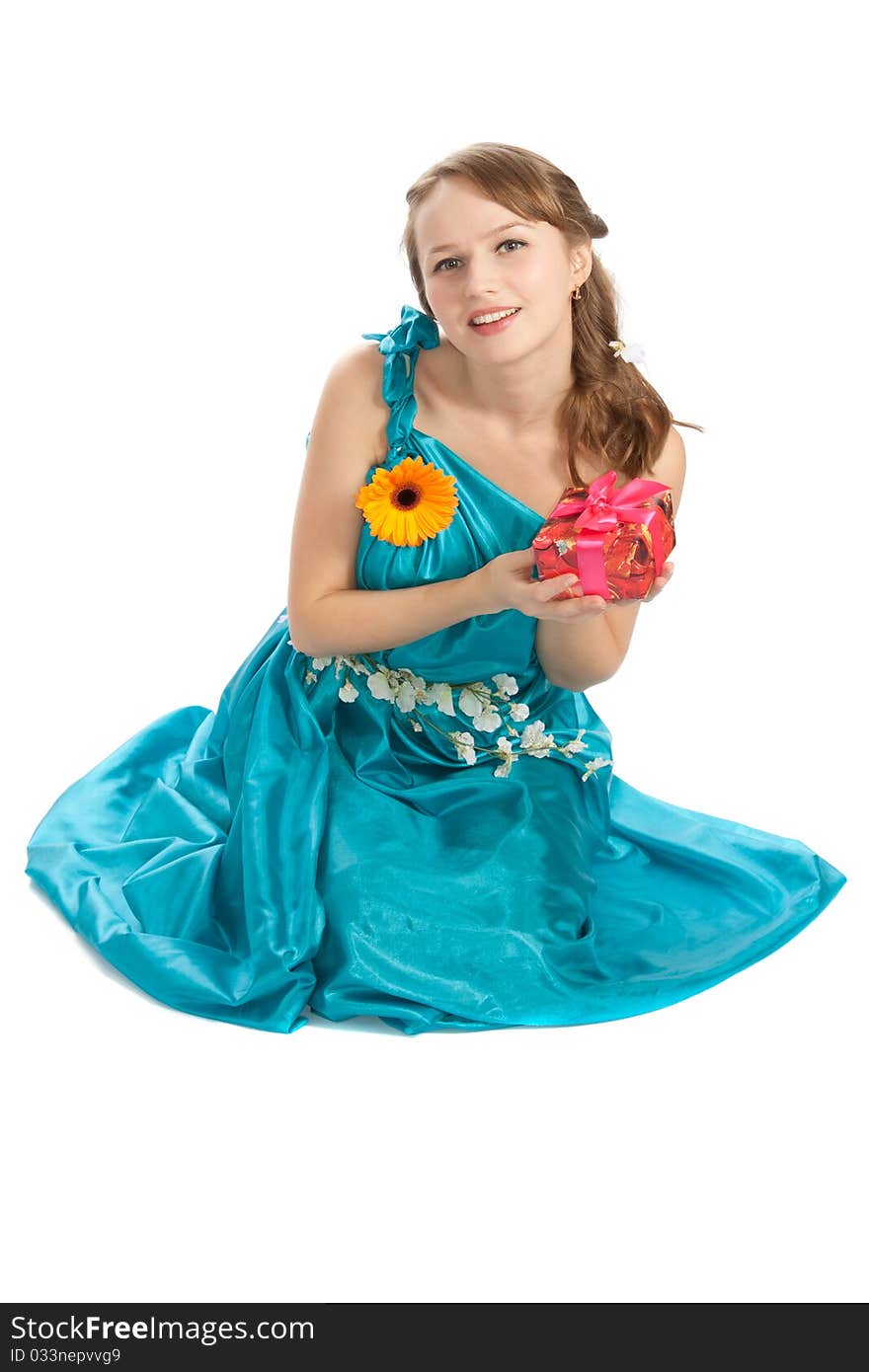 Young beautiful woman with a Christmas gift and flowers. Young beautiful woman with a Christmas gift and flowers.