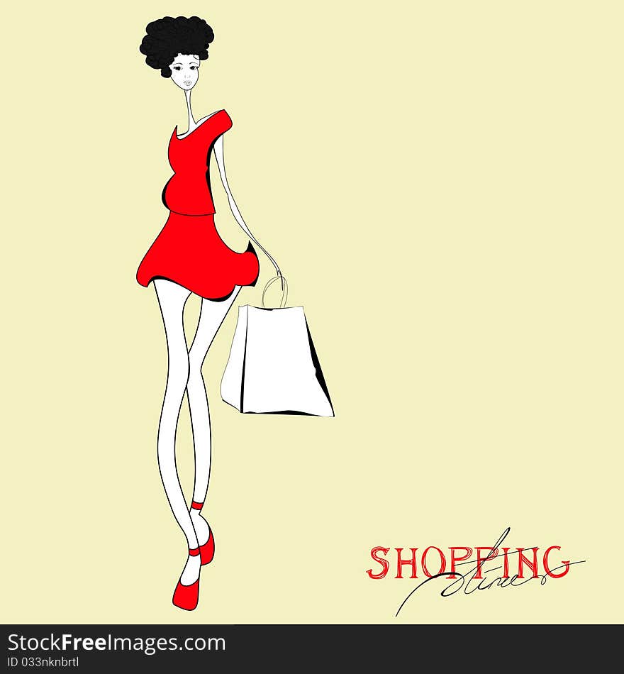 Woman with shopping bag. Universal template for greeting card, web page, background