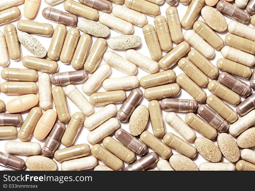 Medicinal pills piled up a bunch of closeup