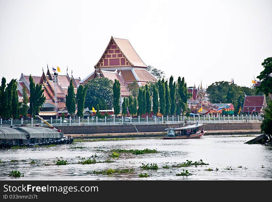 The River and temple in ayutaya province,thailand