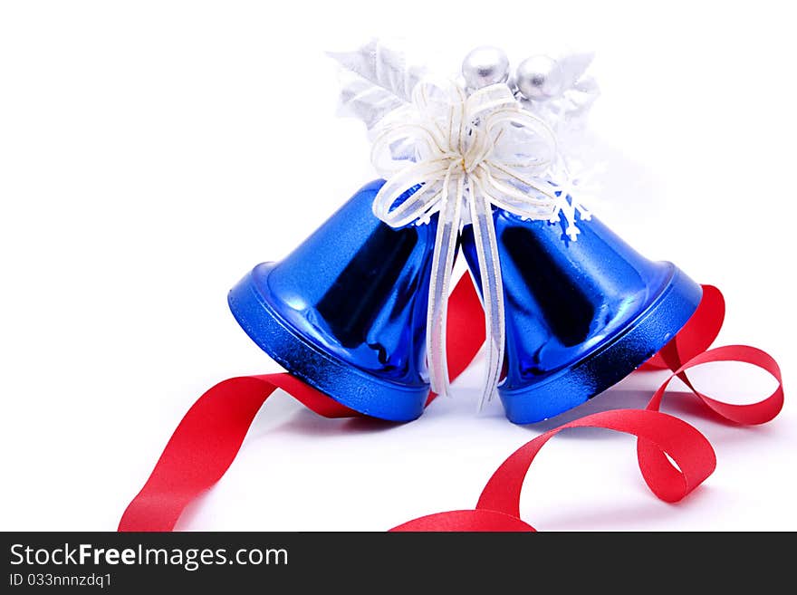 Blue Christmas Bells And Red Bow Ribbon