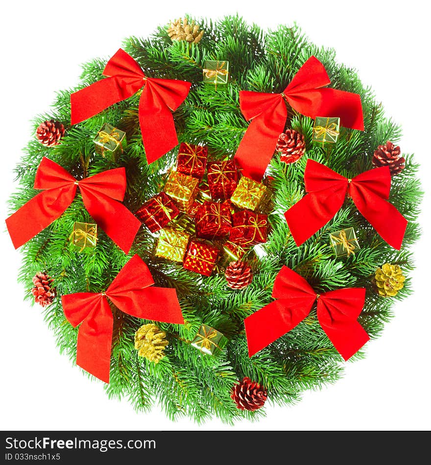 Green round Christmas wreath on white background