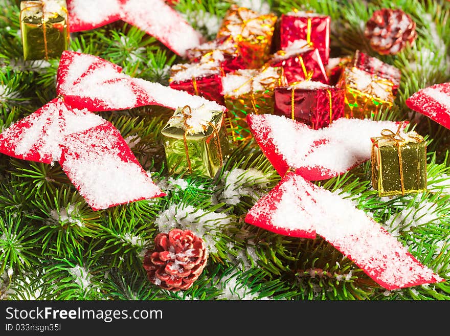 Green round Christmas wreath on white background