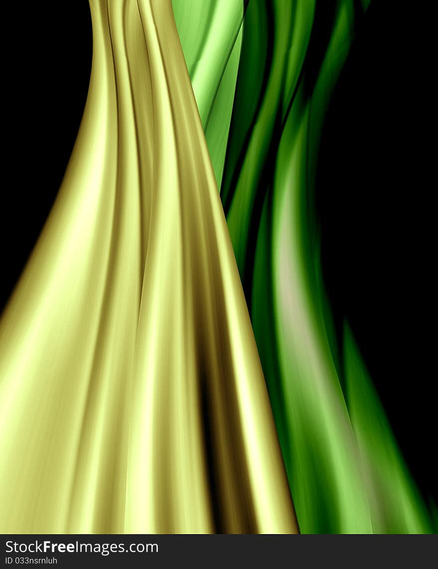 Shinning yellow and green curtain on black background.