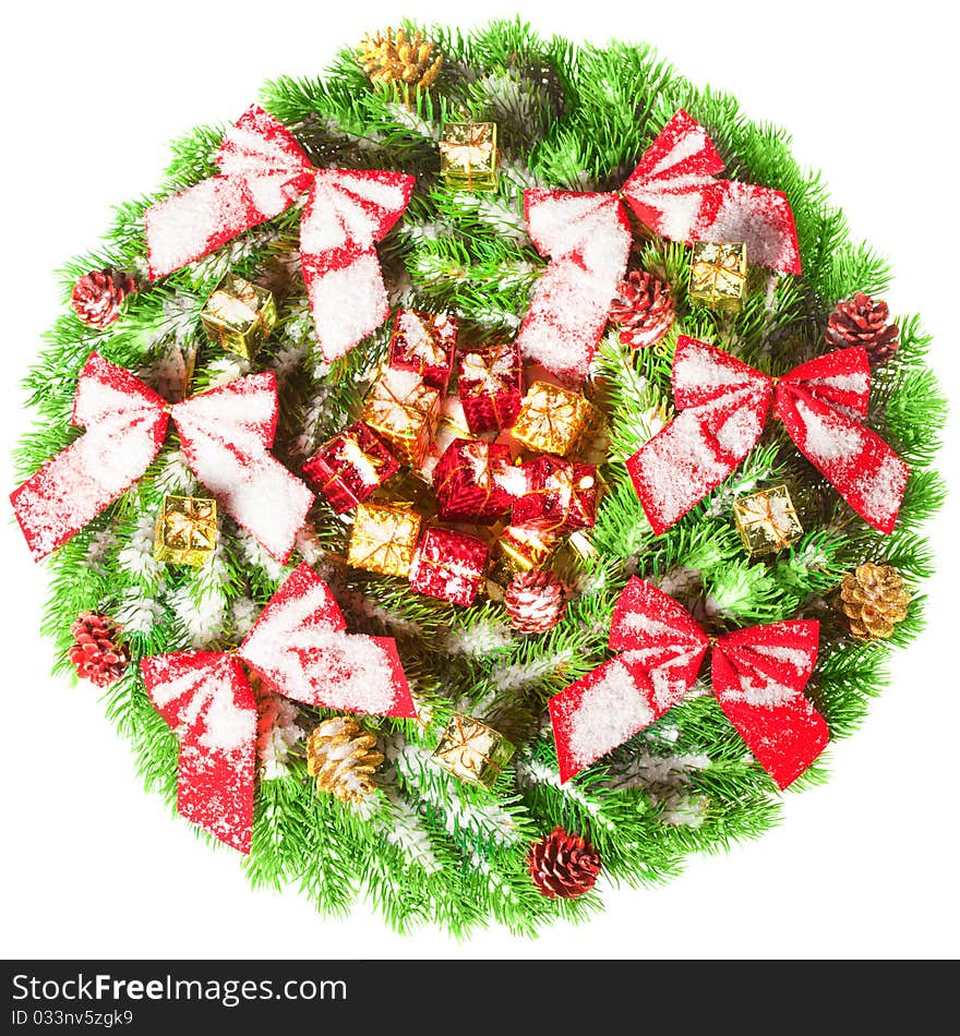 Green round Christmas wreath on white background