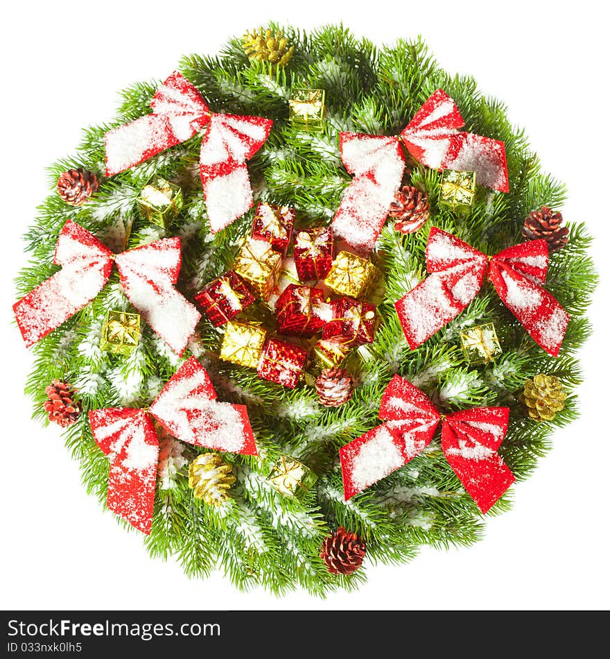 Green round Christmas wreath on white background