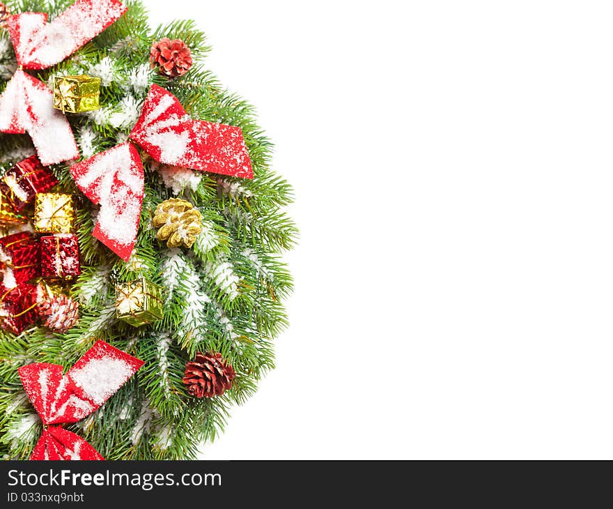 Green round Christmas wreath on white background