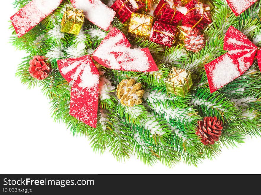 Green round Christmas wreath on white background