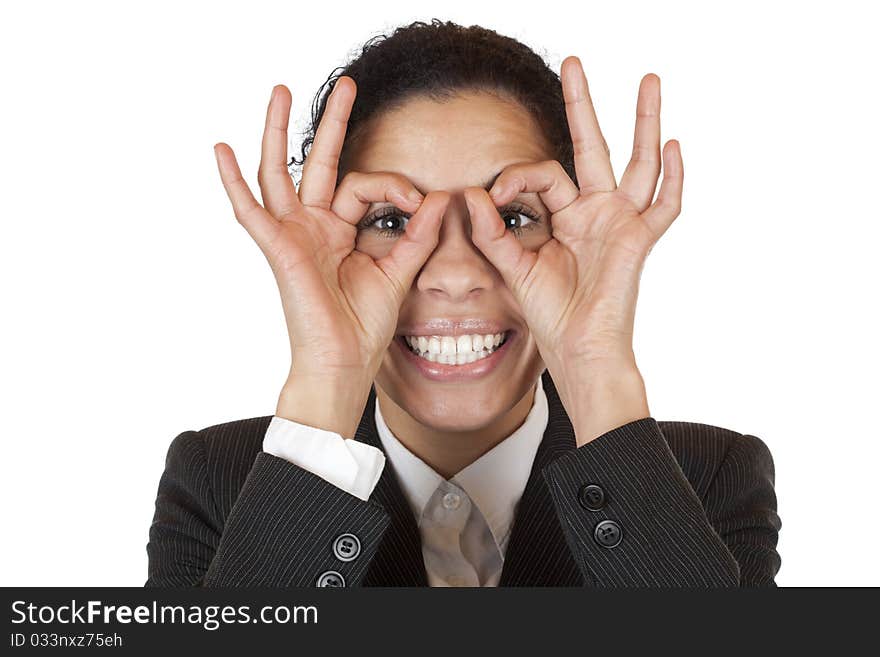 Woman looks through binoculars searching for business. Isolated on white background. Woman looks through binoculars searching for business. Isolated on white background.