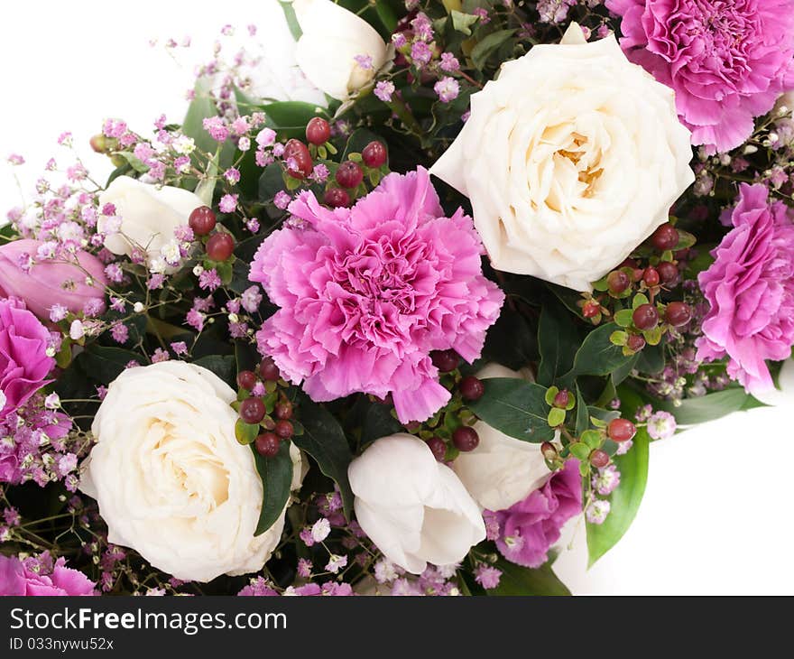 Closeup shot of colorful carnation tulip and rose bouquet