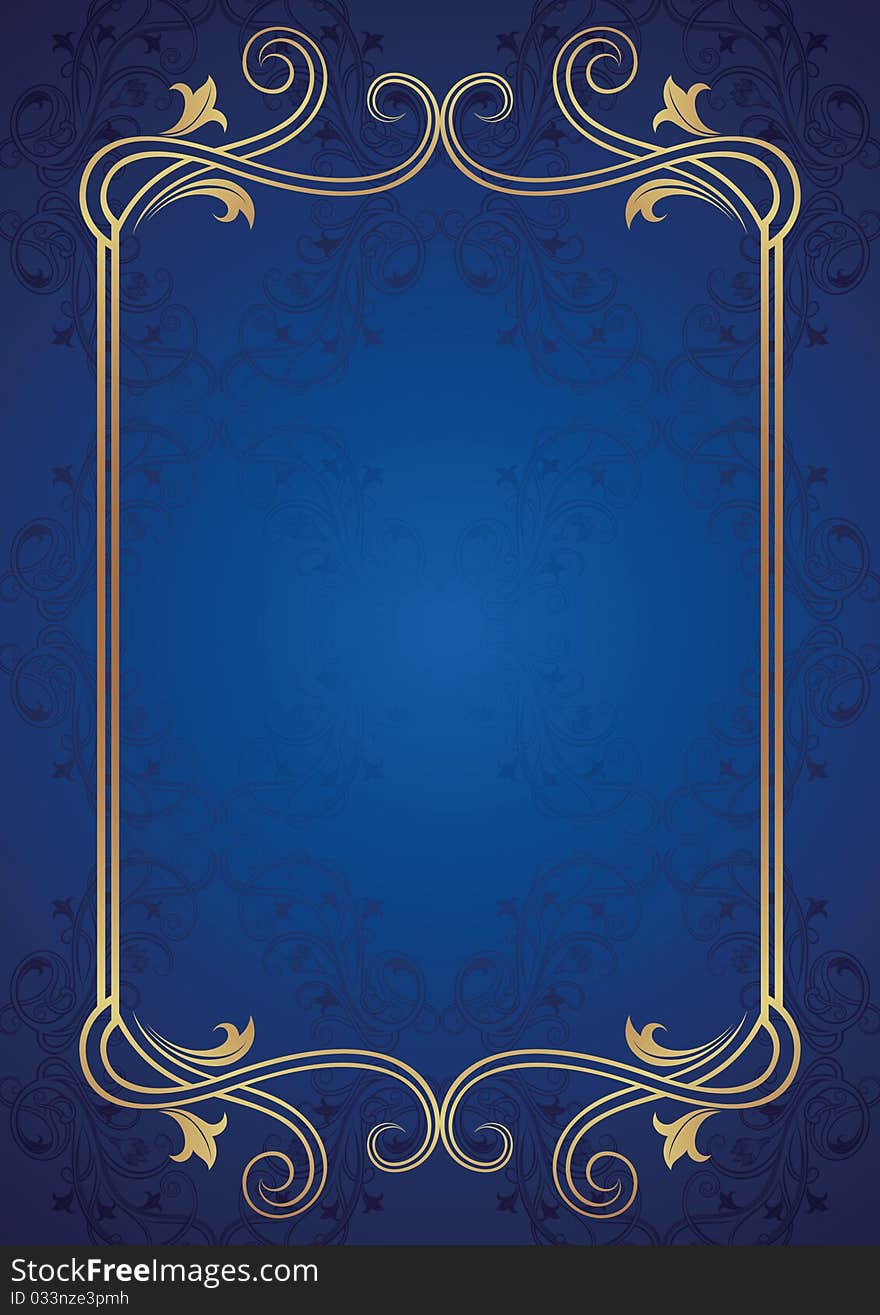 Ornate gold floral frame on abstract blue background.