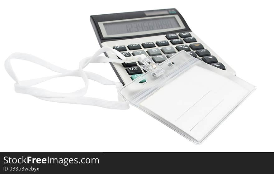 Badge and a calculator on a white background