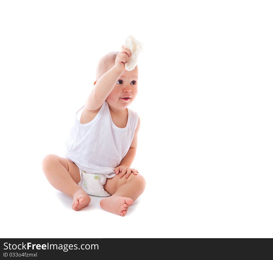 Funny happy baby boy isolated on white background