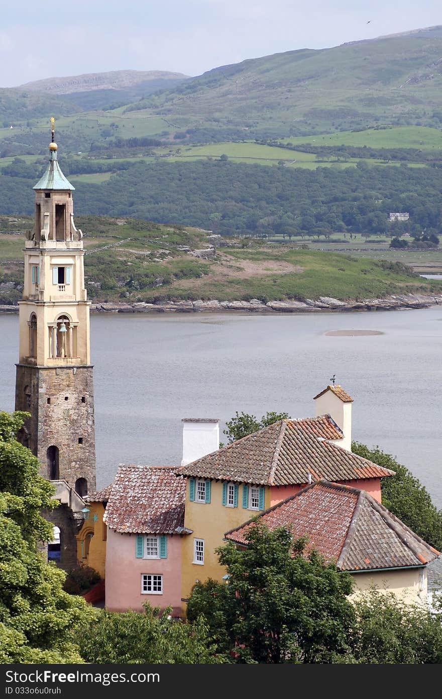 View over Government House in the mock Italianate village of Portmeirion, North Wales. View over Government House in the mock Italianate village of Portmeirion, North Wales