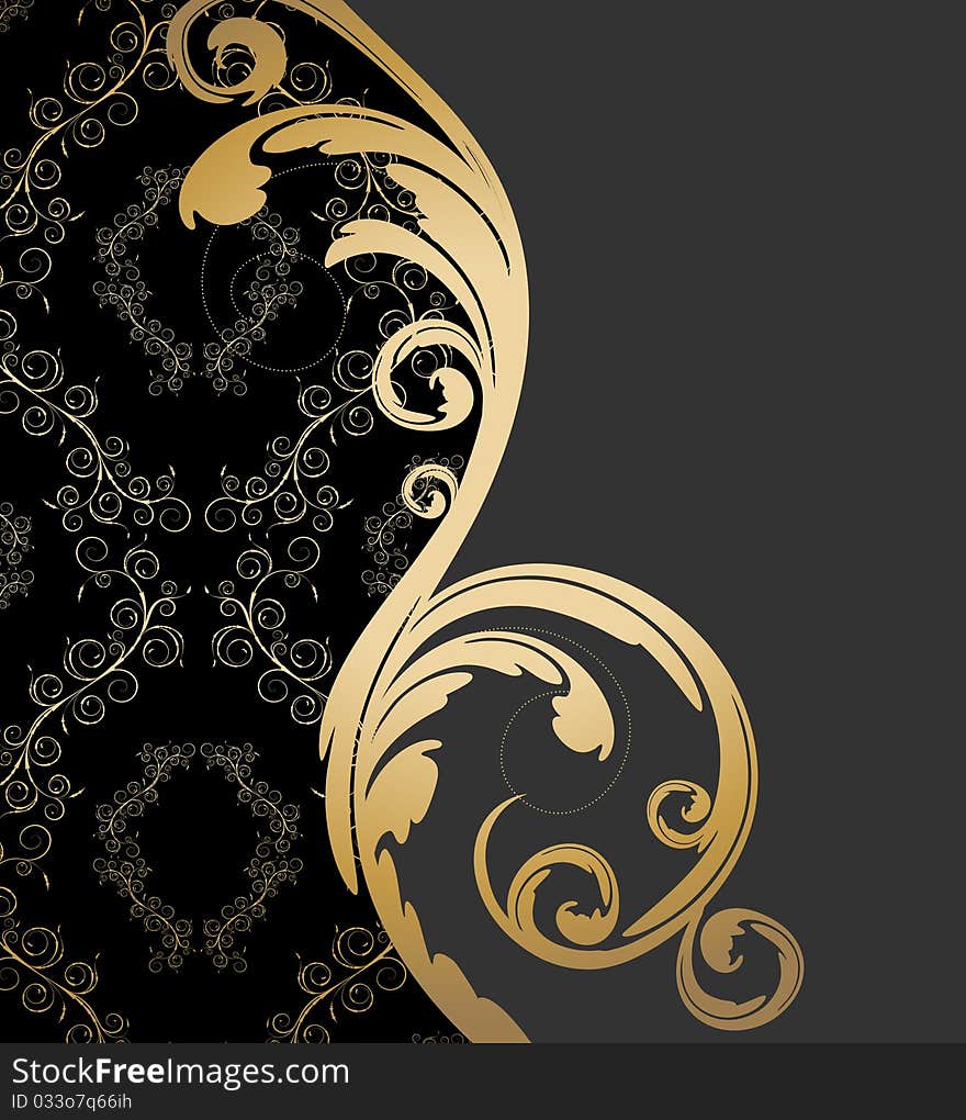 Black, gray and gold background with floral wave and ornament