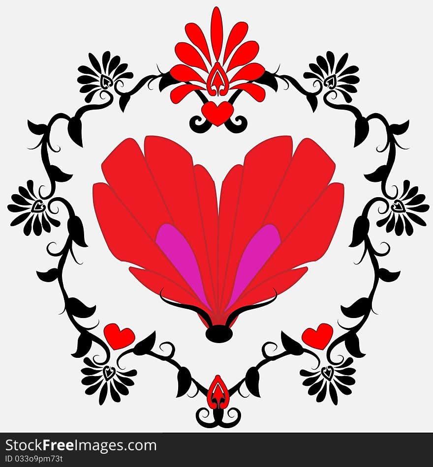 Butterfly like a red heart with a flower border