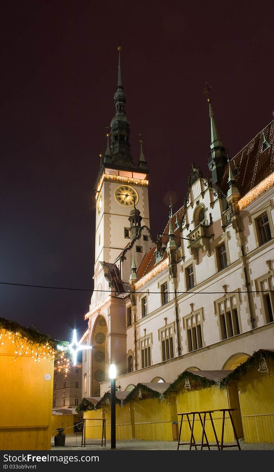 Christmas stalls and town hall in the square in Olomouc