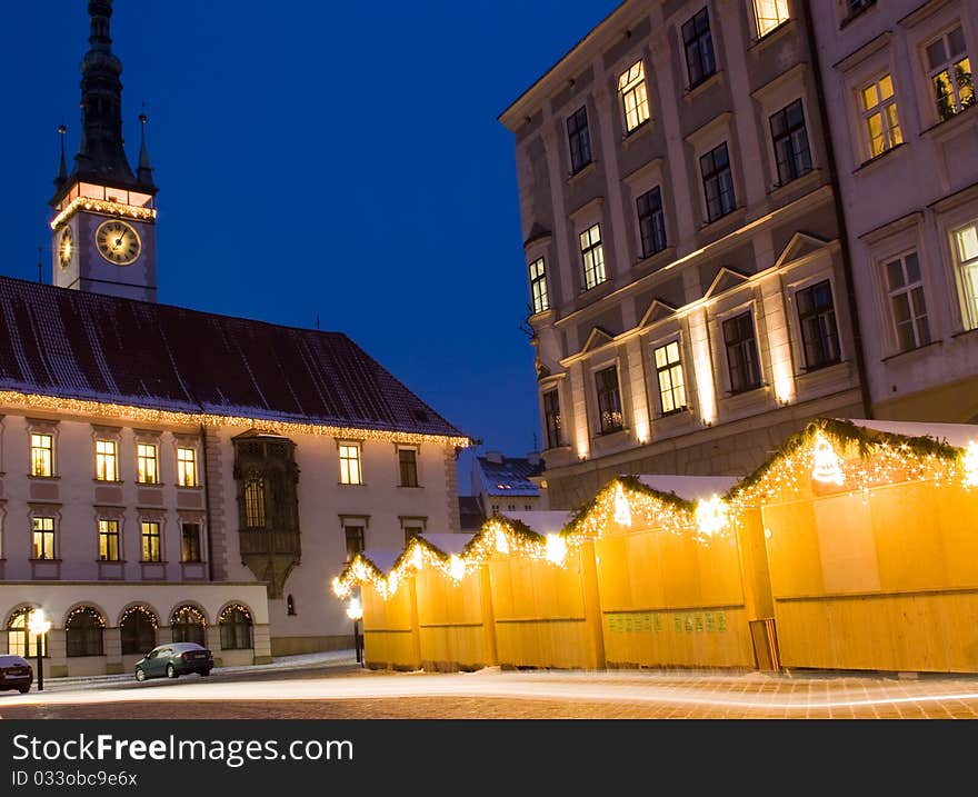 Christmas stalls and town hall in the square in Olomouc