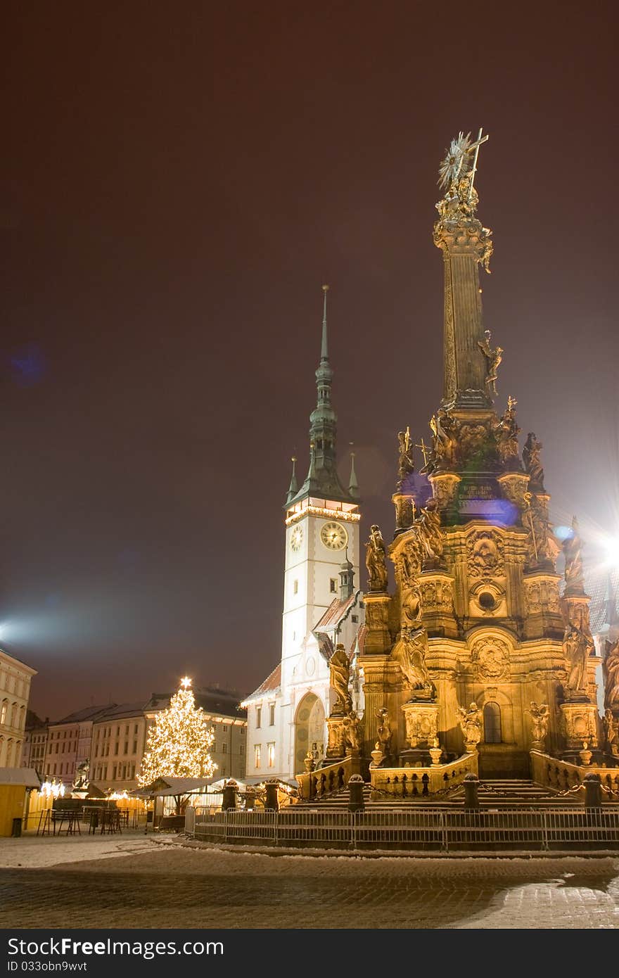 Holy Trinity Column in Olomouc with city hall and christmas tree