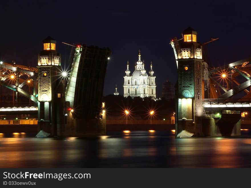 Night view on cathedral thru the leaf bridge. Night view on cathedral thru the leaf bridge