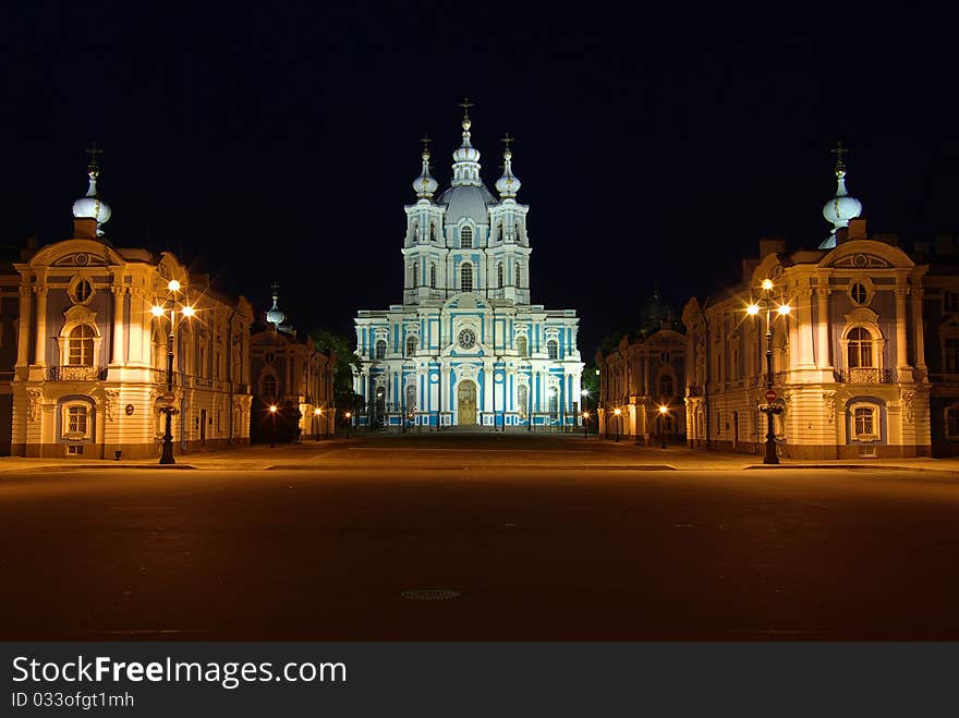 Night view of Saint-Petersburg's cathedral. Architect Rasstrelli. Night view of Saint-Petersburg's cathedral. Architect Rasstrelli