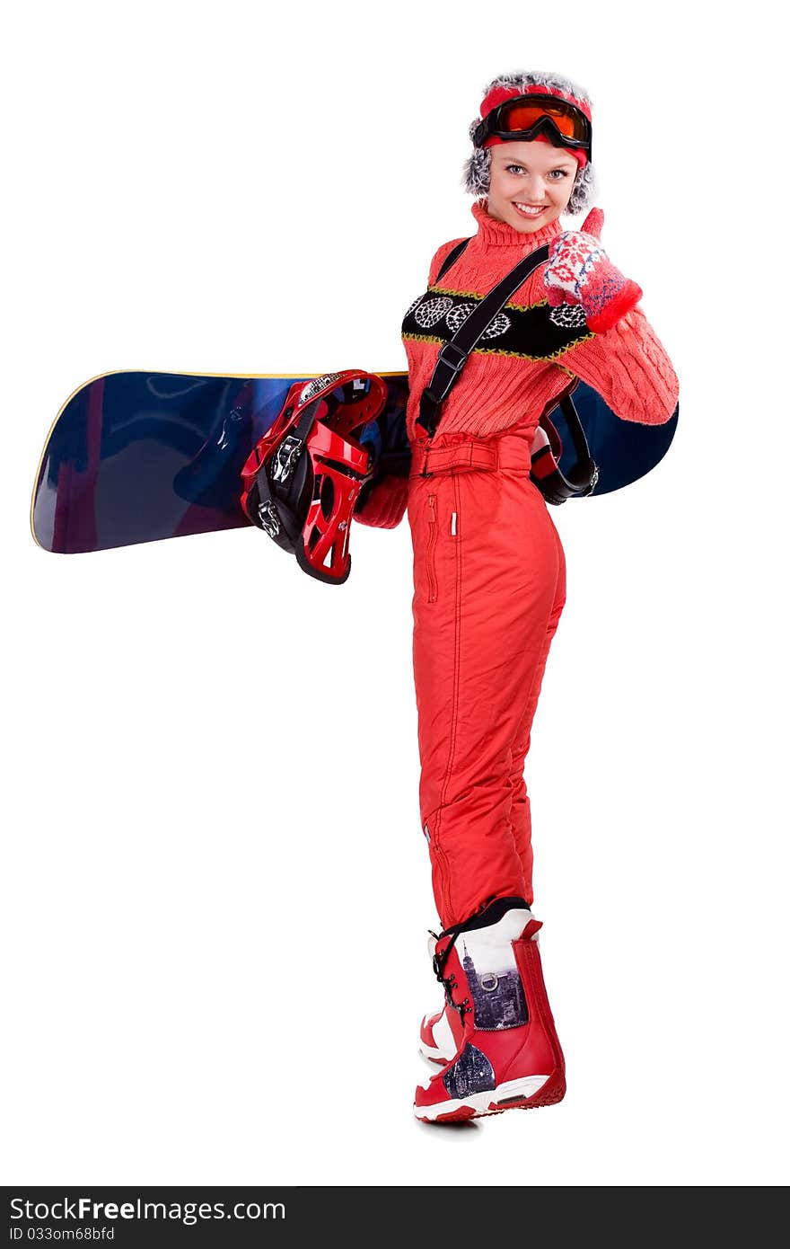 Young snowboarder girl in winter clothers with snowboard in her hands